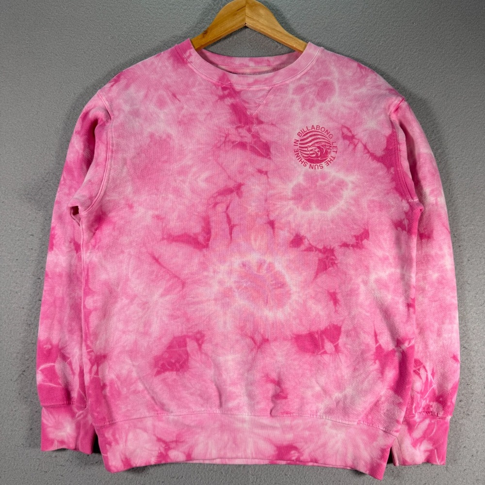 Billabong Tie Dye Crewneck Sweatshirt Womens Small Pink Logo Graphic Skate Beach